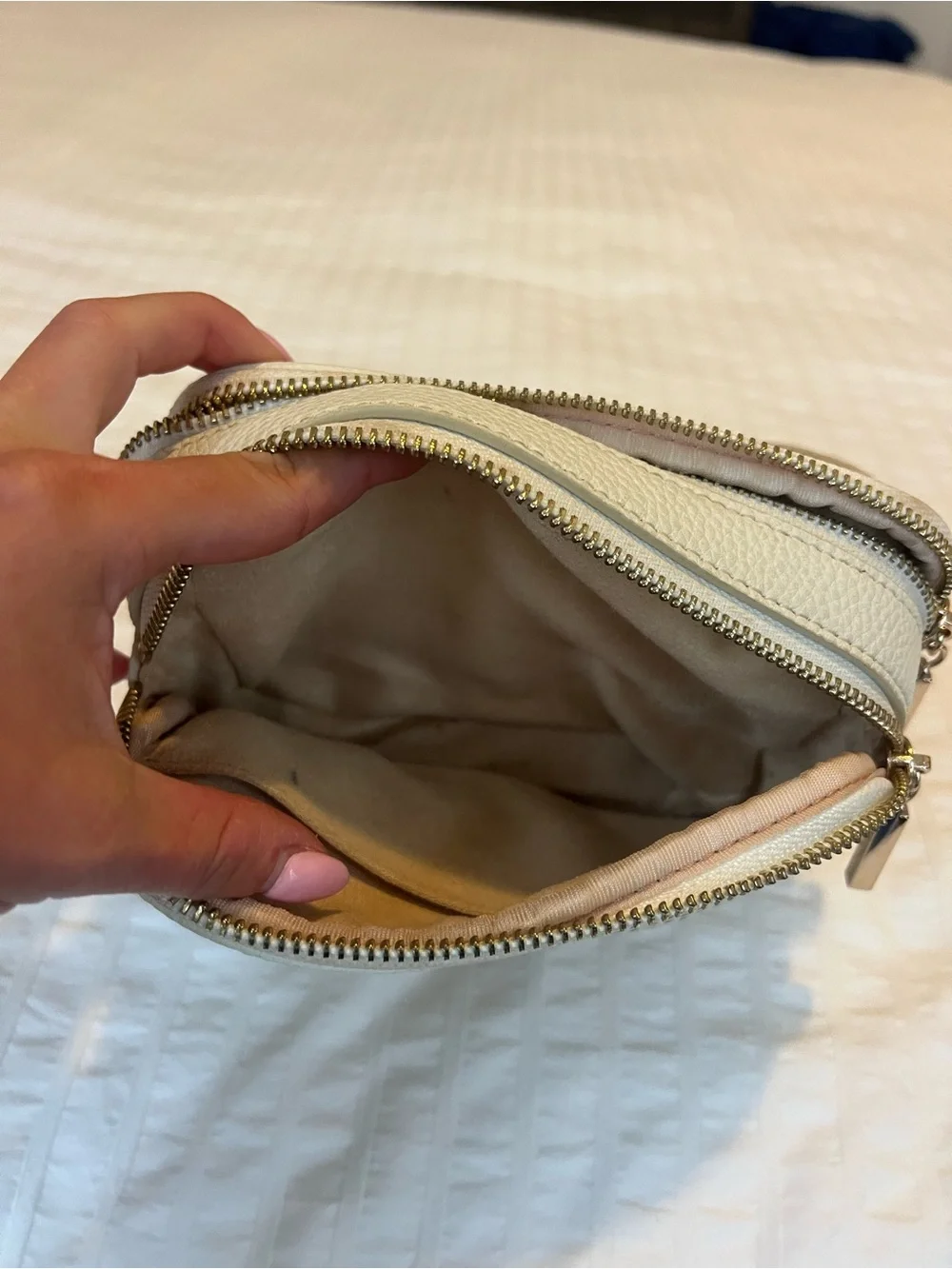 Cream Perforated Leather Crossbody Belt Bag with Adjustable Strap
